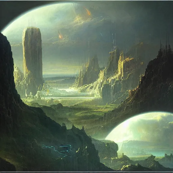 Image similar to “Flan, science fiction matte painting, highly detailed, Thomas Cole”