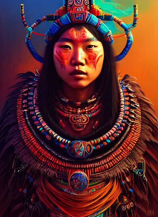 Image similar to portrait of yang yang, hyper detailed ultra sharp aztec shaman warrior. trending on artstation, warpaint aesthetic, bloodwave, colorful, psychedelic, ornate, intricate, digital painting, concept art, smooth, sharp focus, illustration, art by artgerm and greg rutkowski and h. r. giger, 8 k