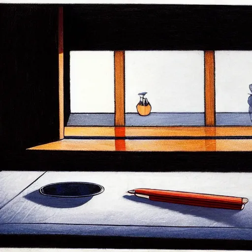 Image similar to a small room with window, bed on the right, a table with mirror on the left, hotei is on the table, an open book with painted by blue pen jesus, hyperrealism, light color, no hard shadow,