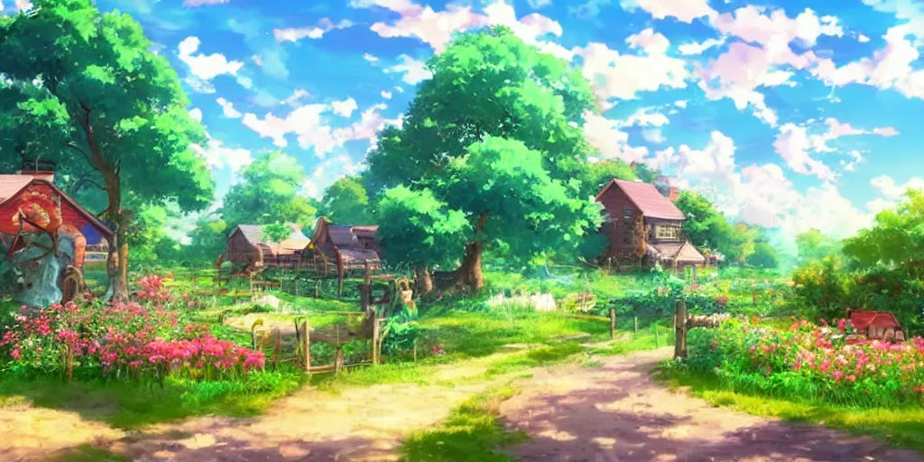 Image similar to a beautiful fantasy farm, anime style, cheerful and peaceful mood