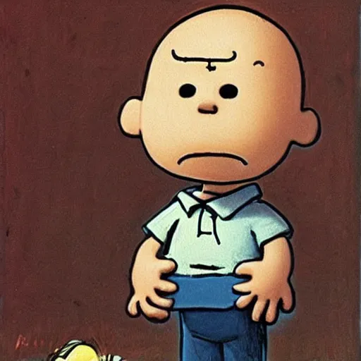 Prompt: Charlie Brown if he was a war criminal in 1945, somber, dark, Frank Weston Benson,