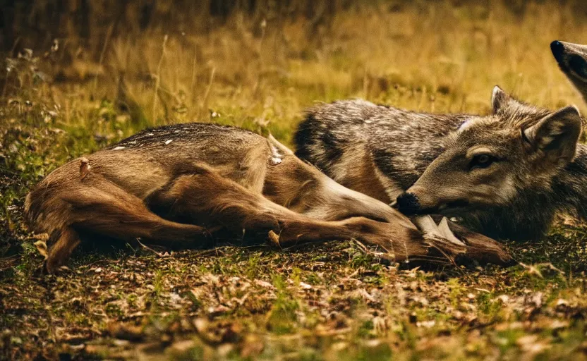 Prompt: A deer eating a dead wolf in the forest. Night time, dramatic, cinematic shot