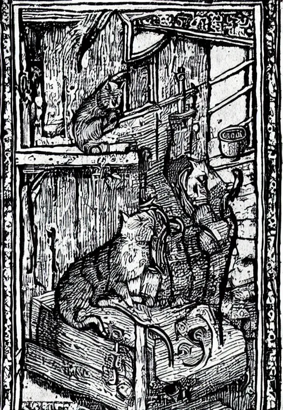 Image similar to [Grim medieval illustration of a cat watching youtube on a computer]