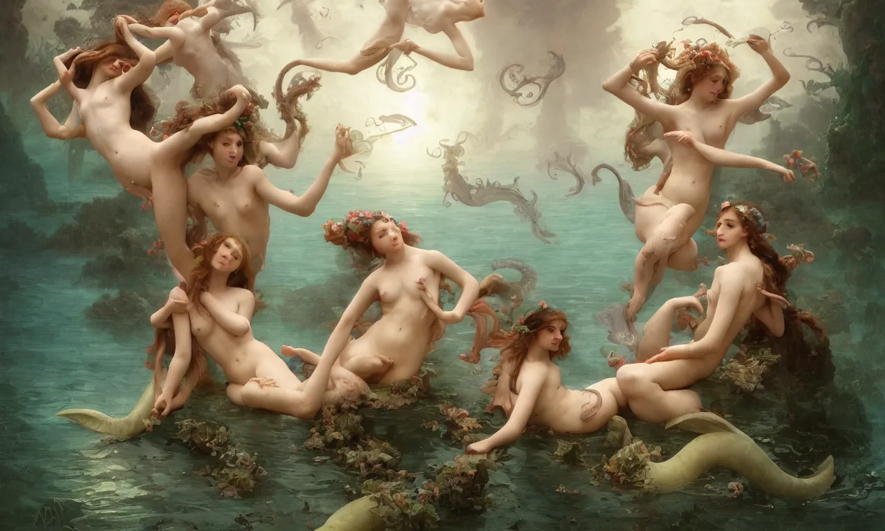 Prompt: a luminous springtime fairytale of beautiful realistic mermaids frolicking with the Kraken in the romantic underwater baroque kingdom of Neptune. Neon light, masterpiece 4k digital illustration by Ruan Jia and Mandy Jurgens and William-Adolphe Bouguereau, award winning, Artstation, Gustave Dore' background, intricate details, realistic, panoramic view, volumetric lighting, sun rays beaming, Hyperdetailed, 8k resolution, golden hour, intricate art nouveau, smooth, sharp focus, rendered in Unreal Engine 3