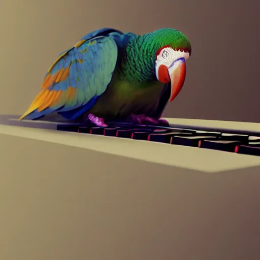 Image similar to “parrot using its beak to type on a keyboard, hd, volumetric lighting, photorealistic, octane render, photo, trending on artstation, flickr”