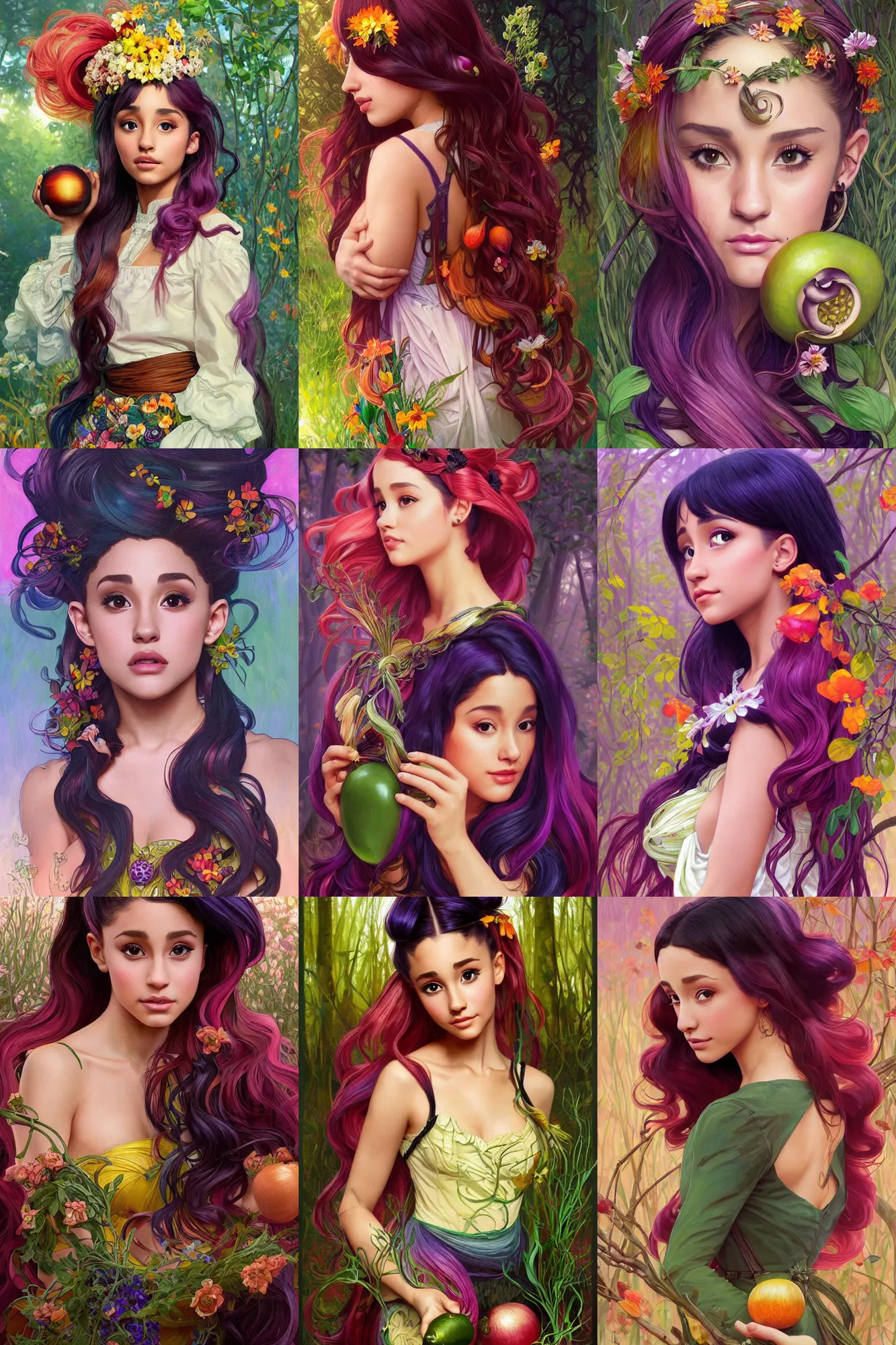 Prompt: beautiful cottagecore Ariana Grande holding a Black Onion, colorful vibrant Hair, vibrant sunny forest, intricate, elegant, highly detailed, digital painting, artstation, concept art, smooth, sharp, focus, illustration, art by artgerm and greg rutkowski and alphonse mucha