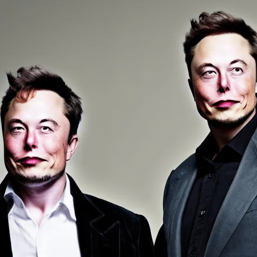 Image similar to A portrait photo of Elon Musk teams up with a teenage Elon Musk, perfect faces, 50 mm, award winning photography