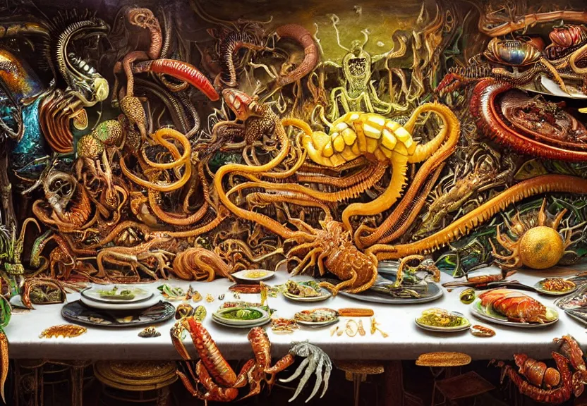 Prompt: an opulent banquet of food on a table covered with colorful hissing cockroaches and huge spiny hermit crabs and huge glossy earthworms. rainbow giger ’ s xenomorph. neon the thing. the blob. reclaimed lumber, detailed and intricate environment, hyperrealism, food photography, rembrandt