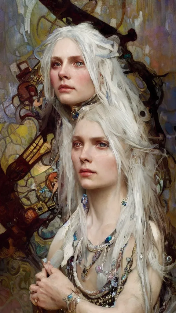 Image similar to a highly detailed beautiful white haired woman, adorned with precious stones, by jeremy mann and alphonse mucha 4 k resolution, trending on artstation, very very detailed, masterpiece, stunning,