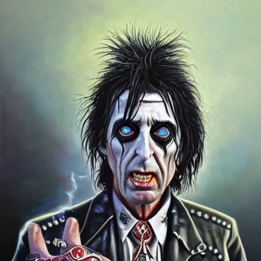 Image similar to a hyperrealistic painting of Alice Cooper as a boss in Elden Ring by Jason Edmiston,
