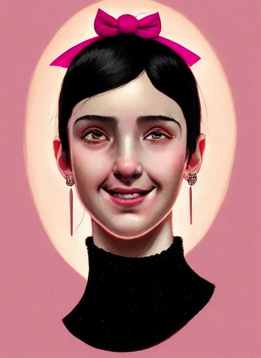 Image similar to portrait of teenage girl, realistic, black hair, bangs, half updo hairstyle, pointy nose, skinny, smile, ugly, defined jawline, big chin, pink hair bow, earrings, intricate, elegant, glowing lights, highly detailed, digital painting, artstation, sharp focus, illustration, art by wlop, mars ravelo and greg rutkowski