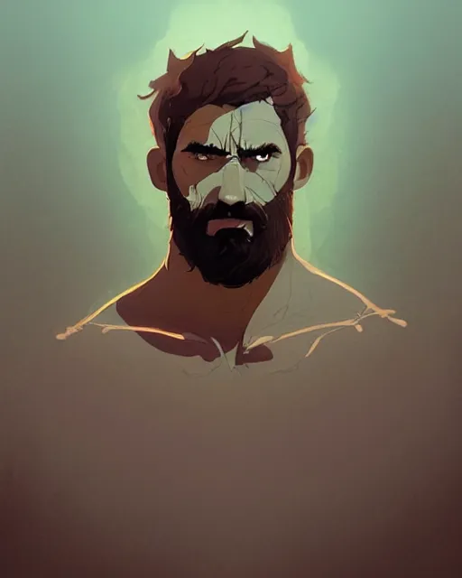 Image similar to hyper - realistic portrait of god of the forest, rugged, male, detailed face, r by atey ghailan, by greg rutkowski, by greg tocchini, by james gilleard, by joe fenton, by kaethe butcher, dynamic lighting, gradient light blue, brown, blonde cream and white color scheme, grunge aesthetic