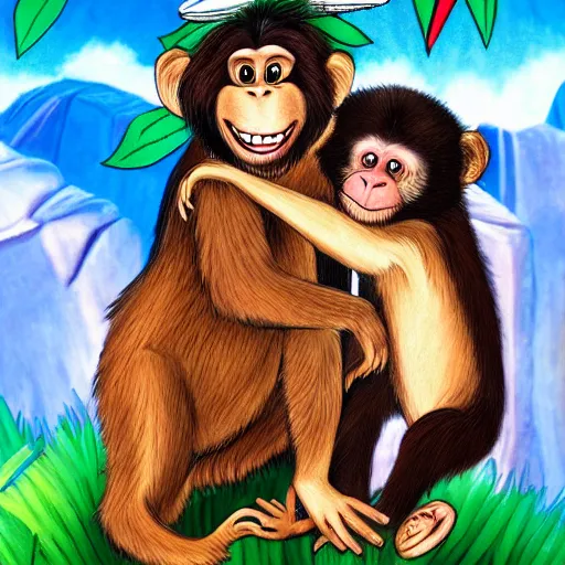 Image similar to realistic Mowgli hugging a monkey wearing a birthday hat, birthday, happy, hyper realistic, highly detailed