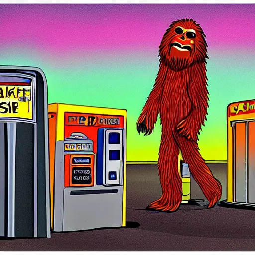 Image similar to sasquatch at the gas station at night, colourful, illustration
