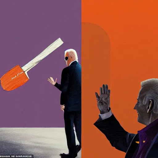 Prompt: joe biden waves to a redditor named joxeta while holding an axe by greg rutkowski and dave mckean in an orange and purple color palette