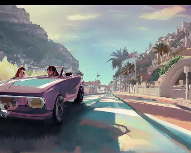 Prompt: a painting of a hipster dog driving a convertible in monte carlo, in the style of greg rutkowski and artgerm, highly detailed, artstation