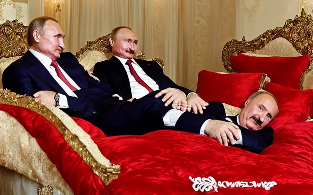 Image similar to lukashenko fall in love with putin romantic bed scene accidental shot by paparazzi