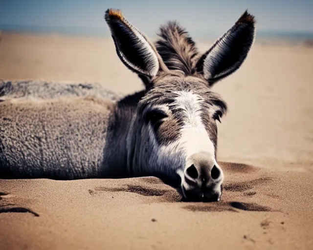 Image similar to realistic photo of a donkey sunbathing at the beach