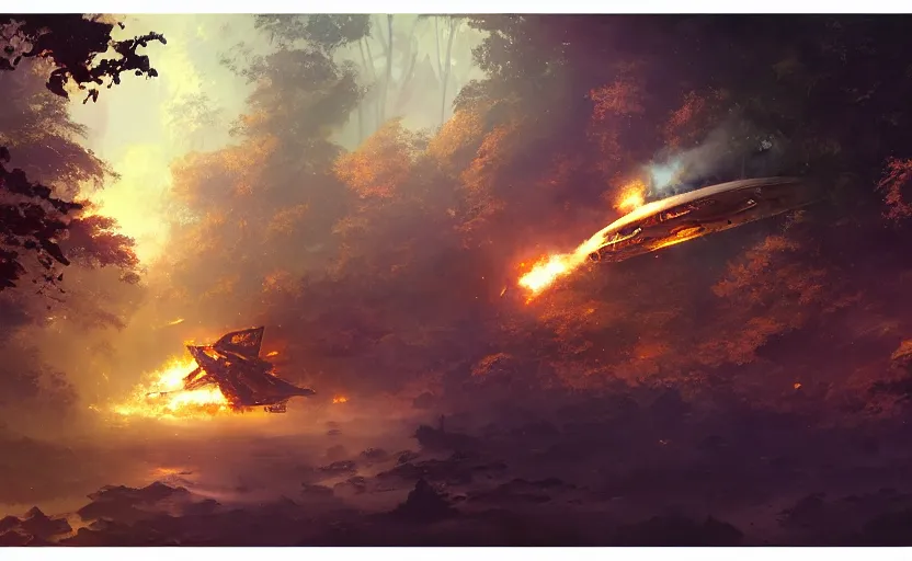 Image similar to a spaceship on fire and smoke crashed in a forest, smoke and fire. By Makoto Shinkai, Stanley Artgerm Lau, WLOP, Rossdraws, James Jean, Andrei Riabovitchev, Marc Simonetti, krenz cushart, Sakimichan, trending on ArtStation, digital art.