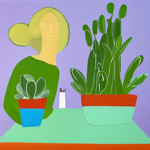 Image similar to painting by Rob Hefferans of a beautiful blonde woman with shoulder length hair in a forest green dress putting colorful succulents into rainbow pots at a square table