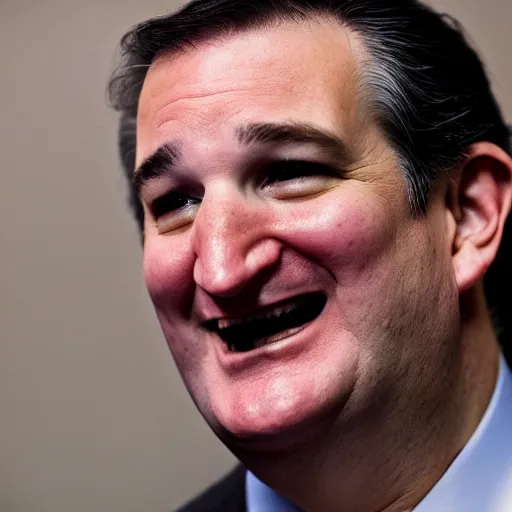 Prompt: Ted Cruz with a wide grin looking up directly at the camera, black and white, creepy lighting, scary, horror, ornate, eerie, fear