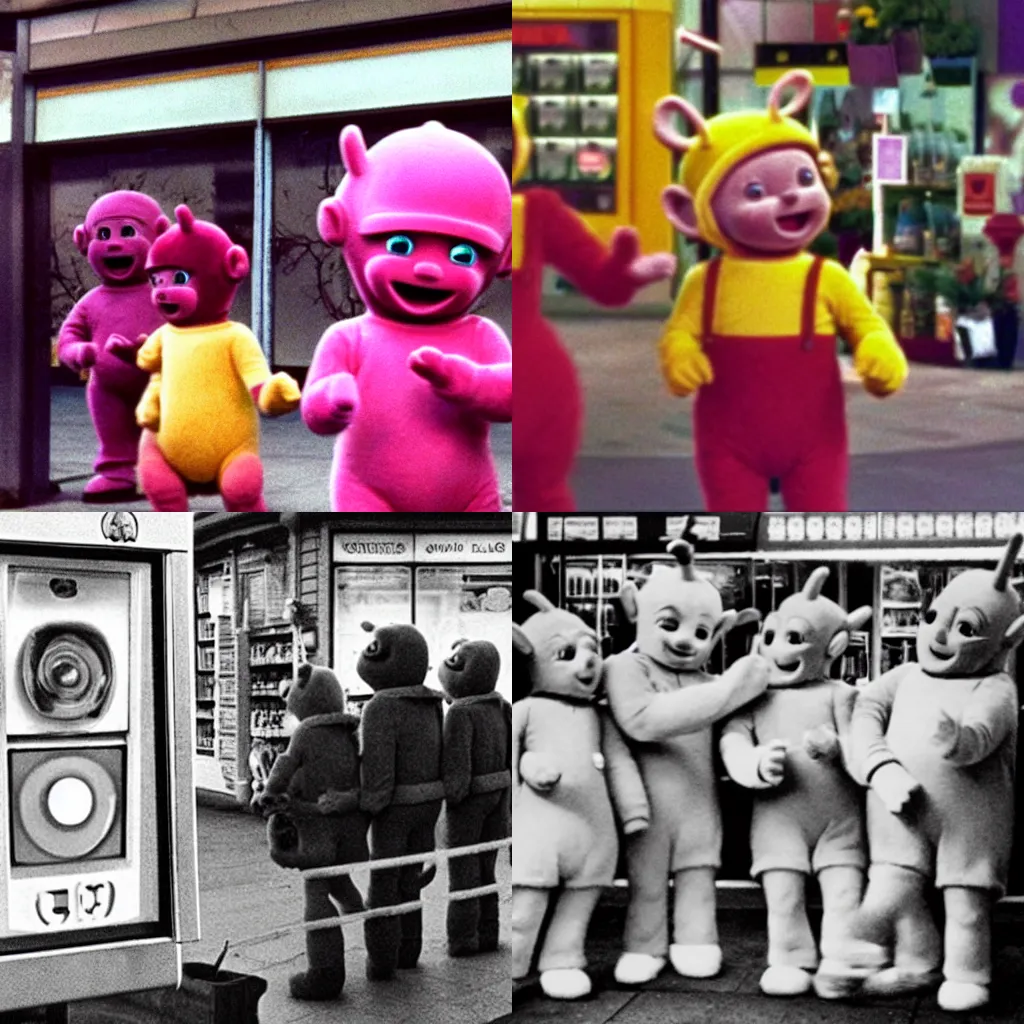 Prompt: the teletubbies robbing a shop cctv footage