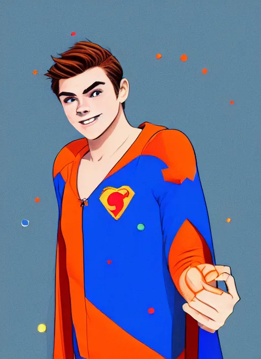 Prompt: friendly teenage archie andrews wearing an orange superhero costume with heart logo, heart, orange costume, blue cape, freckles, cape, heart emblem on chest, heart, blue cape, intricate, elegant, glowing lights, highly detailed, digital painting, artstation, sharp focus, illustration, art by wlop, mars ravelo and greg rutkowski