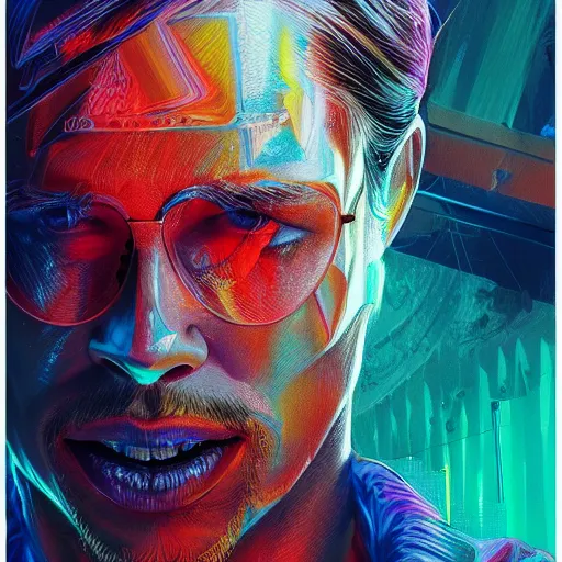 Prompt: hyper detailed ultra sharp, trending on artstation, vibrant aesthetic, bloodwave, colorful, psychedelic, ornate, intricate, digital painting, concept art, smooth, sharp focus, illustration, brad pitt, art by artgerm and greg rutkowski and h. r. giger, 8 k