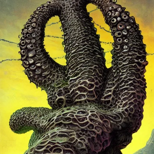 Image similar to Sporulating Morel Crystals Eldritch Mycelium Tentacle Monster by Jim Burns