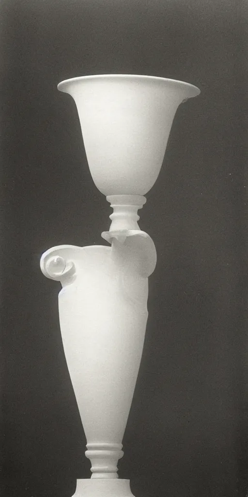 Prompt: an ornate vase, on a pedestal by Marcel Duchamp in an empty white room, courtesy of Centre Pompidou, film photo, dramatic lighting