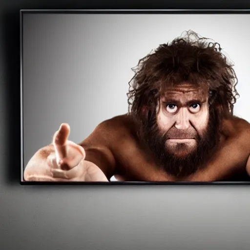 Prompt: caveman watching tv