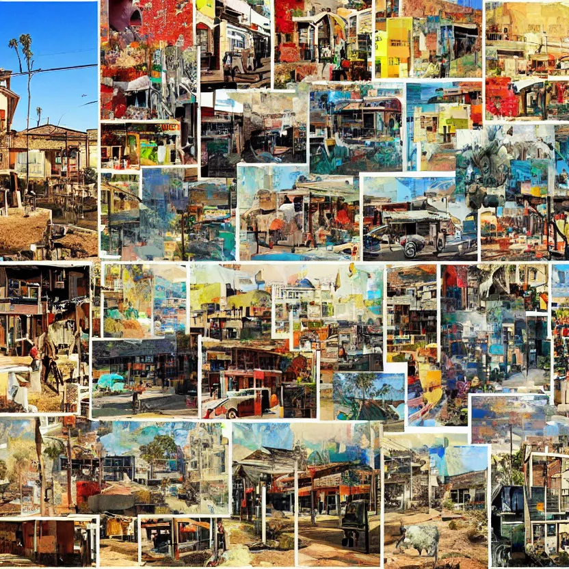 Image similar to collage of a small town in the outback, concept art, aesthetically pleasing natural colors, art by mimmo rotella, collage