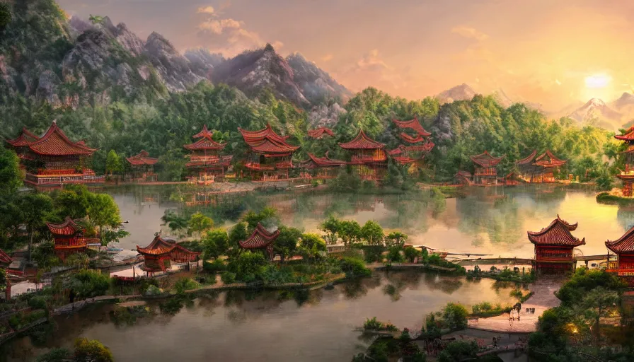 Prompt: chinese village built around a lake with forest at the foot of green gigntic mountains at sunset, fireplace, hyperdetailed, artstation, cgsociety, 8 k