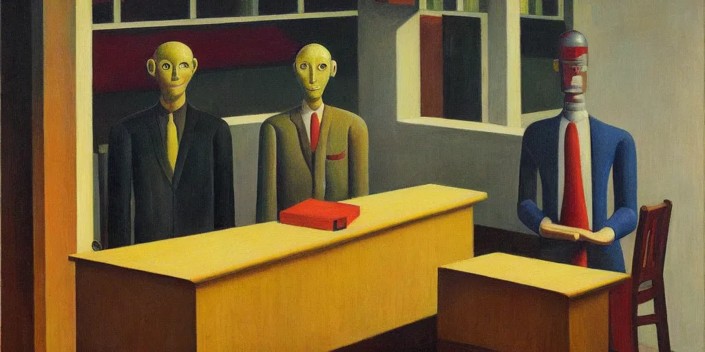 Image similar to salesman robot with shifty eyes portrait, grant wood, pj crook, edward hopper, oil on canvas