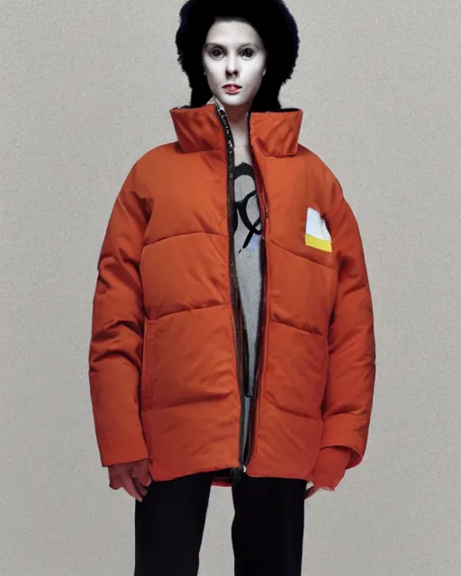 Image similar to a puffy and oversized winter jacket mango fruit jacket, worn by a very thin woman, designed by virgil abloh and wes anderson, photorealistic, modern