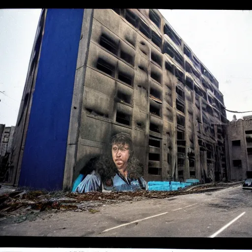 Image similar to brutalist buildings, rundown buildings, orwellian dystopia, totalitarian murals on building walls, hooligans with shaggy hair and blue suits, 1 9 7 1 cinematic, 8 mm photo lens, kodak