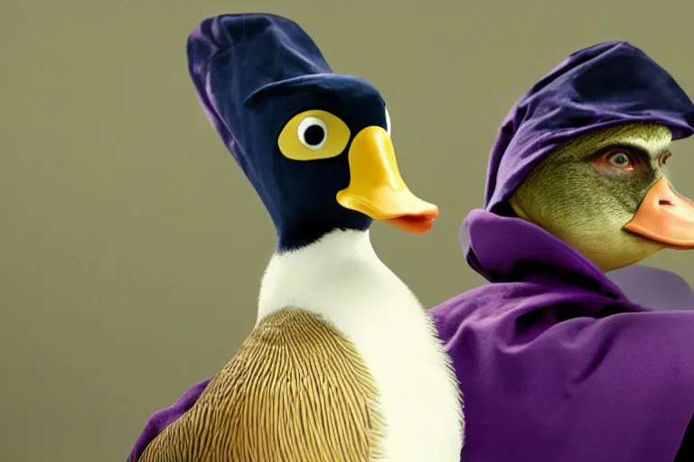 Image similar to duck wearing purple hat and cape and zoro mask by Roger Deakins