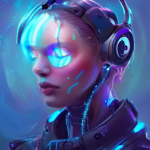 Image similar to portrait of a beautiful cybernetic raver girl wearing a occulus headset, cyberpunk concept art by pete mohrbacher and artgerm and wlop and deathburger and syd mead, digital art, highly detailed, intricate, fantasy, mystical, sharp focus, Trending on Artstation HQ, deviantart, unreal engine 5, 4K UHD image