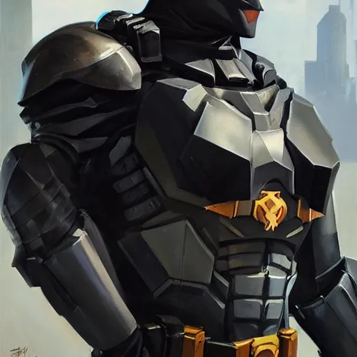 Image similar to greg manchess portrait painting of fully armored bruce wayne aka batman as overwatch character, medium shot, asymmetrical, profile picture, organic painting, sunny day, matte painting, bold shapes, hard edges, street art, trending on artstation, by huang guangjian and gil elvgren and sachin teng