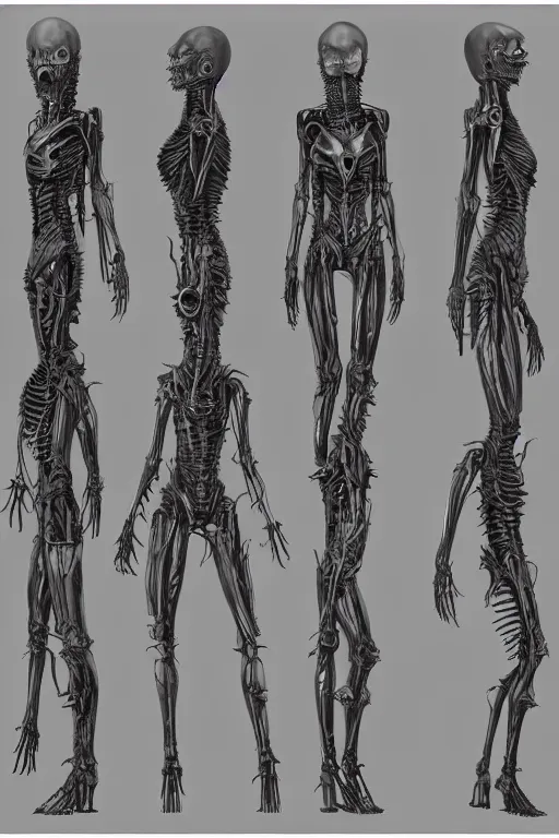 Image similar to vampire with gunmetal grey skin, medical anatomy, very symmetrical face, highly detailed, mecha, three - perspective / three - view reference sheet ( front / back / side ), in the style of dan ouellette, hr giger, sil from species, dren from splice, biomechanical, artstation, unreal engine