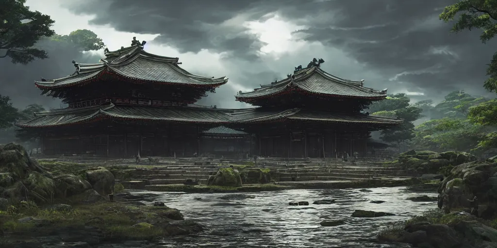 Prompt: an environmental concept art of ghost of tsushima, highly detailed, temple, god rays, environmental light, cinematic by francis tneh