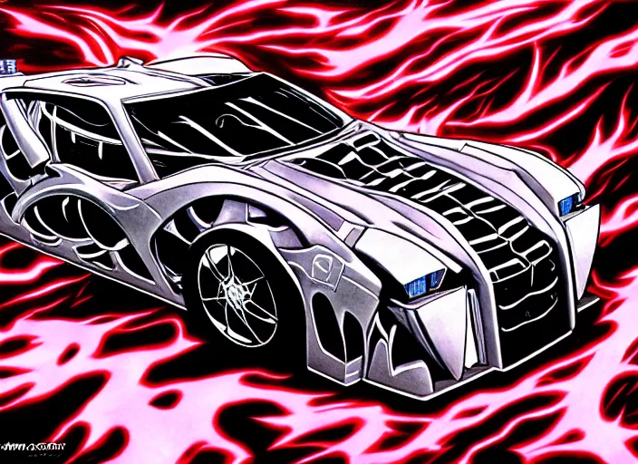 Image similar to shin megami tensei art of a demon car!! called black! volga!!, gaz!!!! car!!!!!!!!!!!, vehicle, art by kazuma kaneko, demonic! compedium!, digital drawing, white background, high quality, highly detailed