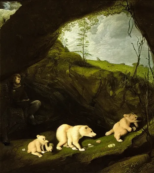 Prompt: viewer looking into dark cave and seeing a mother bear and her cubs sleeping, night time, artwork by Pieter Claesz, impressionism