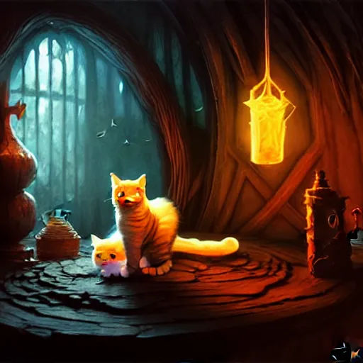 Image similar to Cat Witch, evil, brewing potion in witch Hut, magic the gathering artwork, horror, D&D, fantasy, cinematic lighting, centered, symmetrical, highly detailed, digital painting, artstation, concept art, smooth, sharp focus, illustration, volumetric lighting, epic Composition, 8k, art by Akihiko Yoshida and Greg Rutkowski and Craig Mullins, oil painting, cgsociety