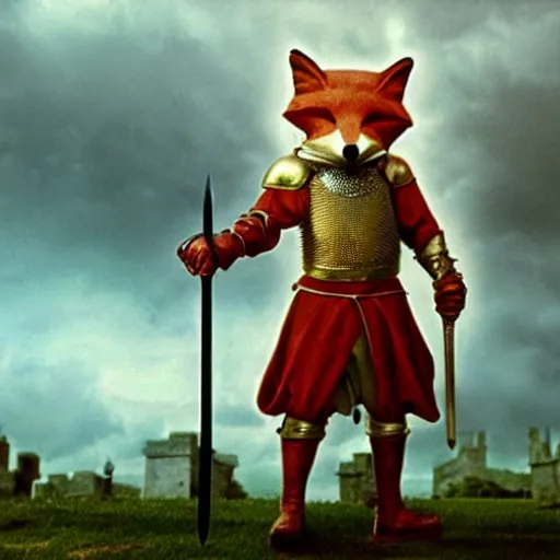 Image similar to anthropomorphic!!! fox!! who is a medieval knight holding a sword towards a stormy thundercloud 1 9 3 0 s film still, castle in the background