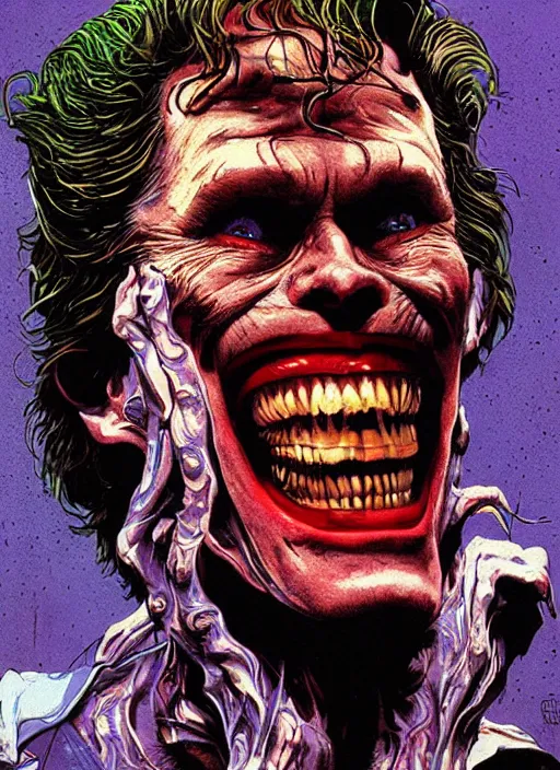 Image similar to willem dafoe as the joker, big smile, grotesque, horror, high details, intricate details, by vincent di fate, artgerm julie bell beeple, 1 9 8 0 s, inking, vintage 8 0 s print, screen print