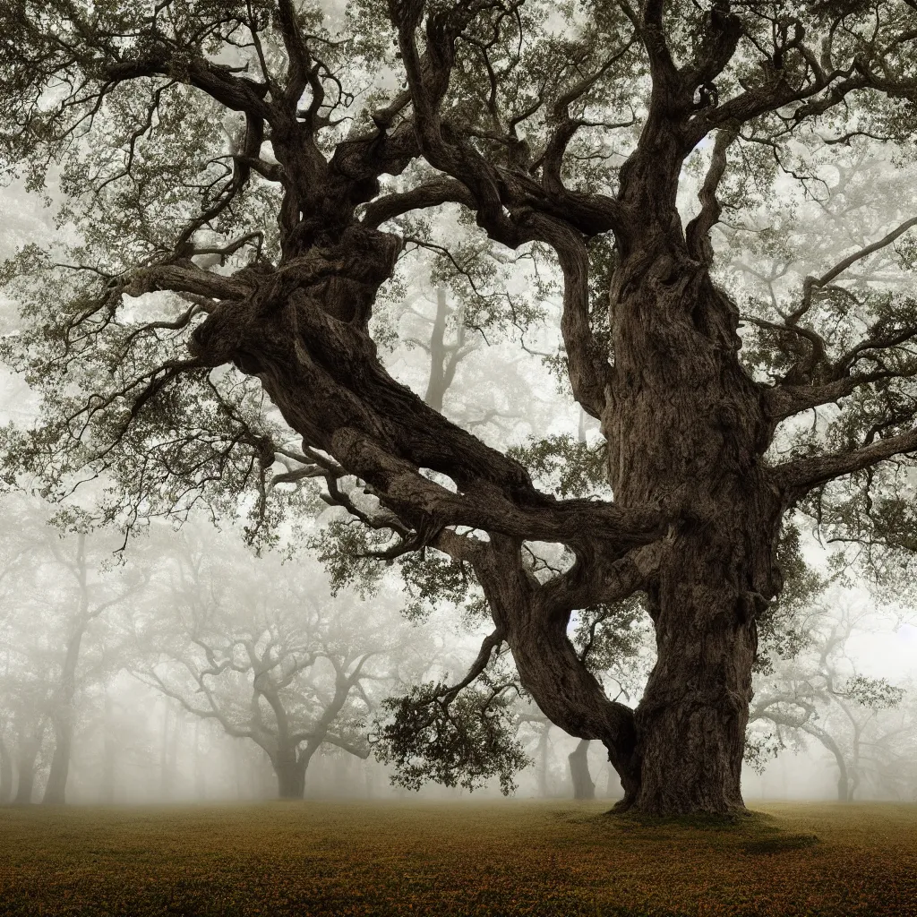 Prompt: old oak tree smoothly transitioning into four seasons of the year, with big tree hollow in the trunk, with ladder hanging down from the tree hollow, the tree is growing on a meadow partially covered with morning fog cinematic lighting, photo realistic image, 4K, super detailed, cinematic look