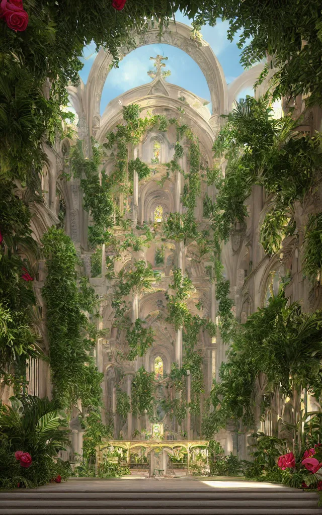 Prompt: cathedral interior with koi pond in the middle surrounded by palm trees, ivy, flowers, tropical plants, roses, and with archways, rendered in octane render with photorealistic lighting, cinematic, horizontal symmetry, a flemish baroque by thomas cole, unsplash, baroque, sanctuary, unsplash contest winner, maximalism, sanctuary