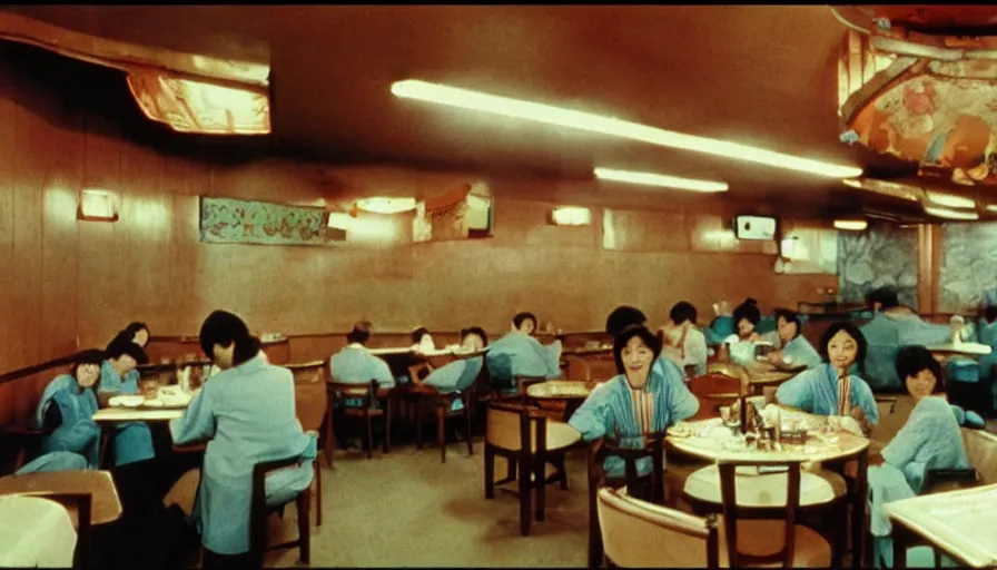 Prompt: 70s movie still of north korean restaurant, eastmancolor, heavy grain, high quality, higly detailed, liminal space