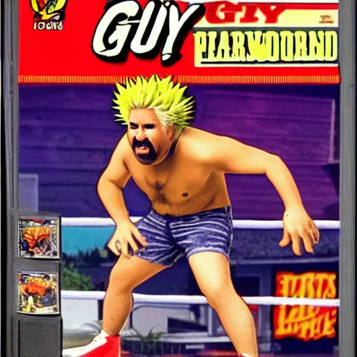 Image similar to guy fieri : backyard wrestling the video game 1 9 8 9 special tournament edition plus alpha featuring guy fieri for the nintendo genesis, game case, box art